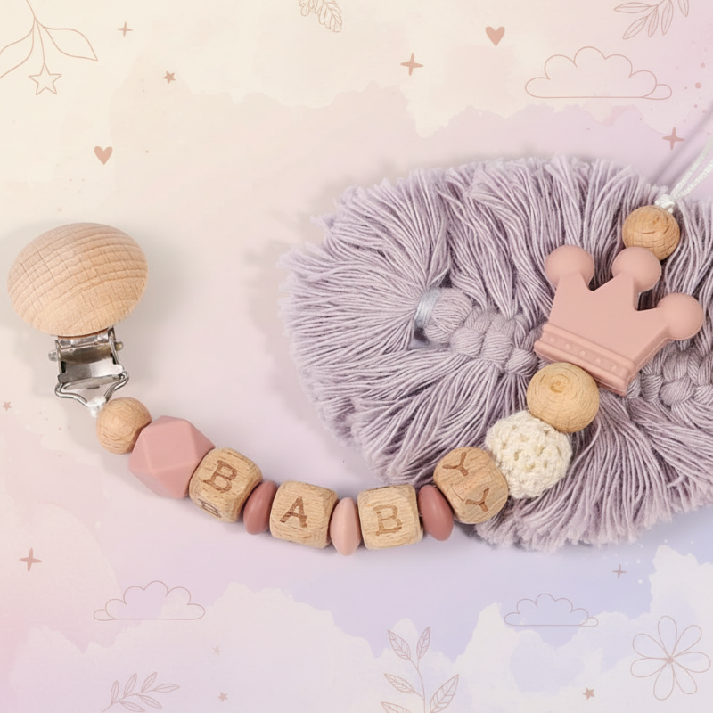Schnullerkette in Rosa mit einem Krönchen aus Silikon