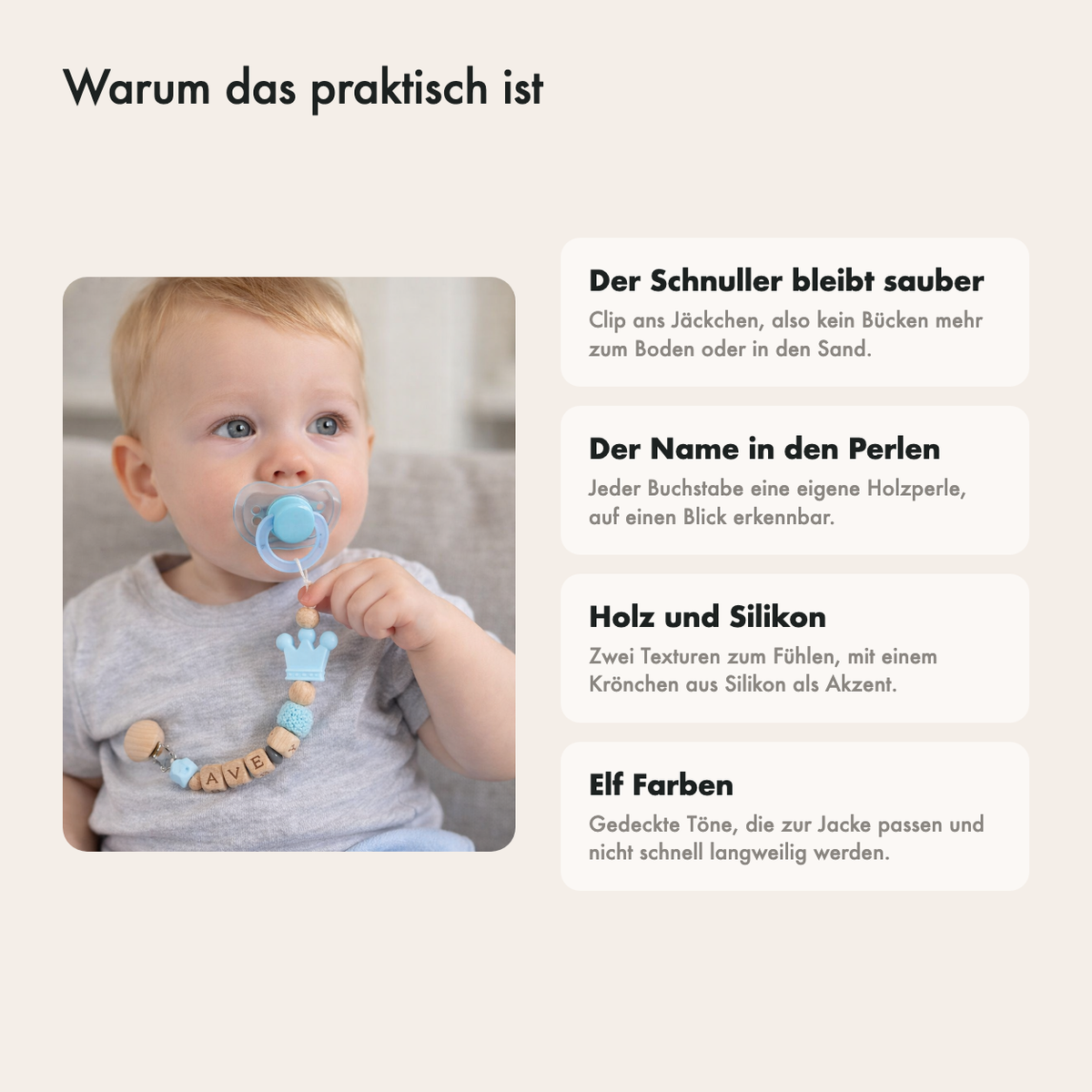Warum diese Schnullerkette praktisch ist: Schnuller bleibt sauber, Name darin, Clip an der Kleidung und elf Farben