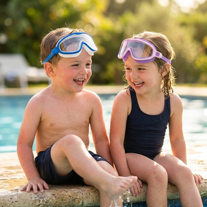 Bruder und Schwester sitzen am Beckenrand mit der Schwimmbrille auf dem Kopf