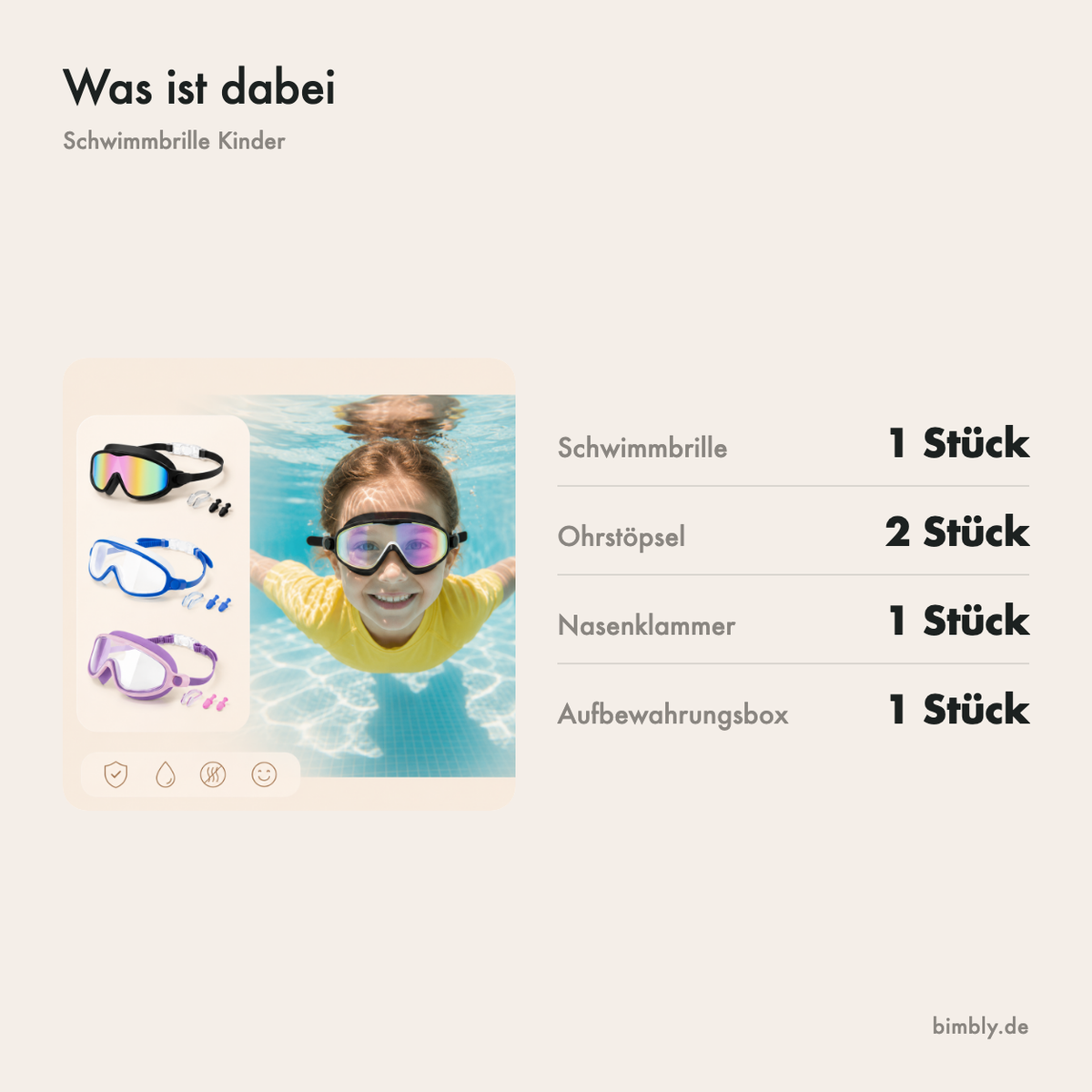 Was im Set enthalten ist: Schwimmbrille, Ohrstöpsel, Nasenklammer und Aufbewahrungsbox