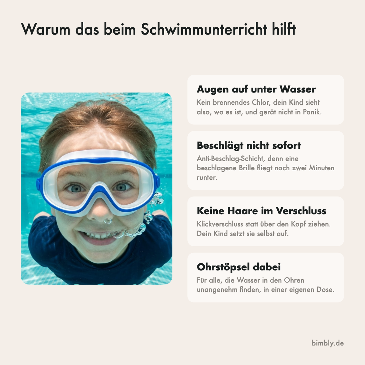 Warum diese Schwimmbrille gut ist: bleibt dicht, beschlägt nicht, zieht nicht an den Haaren und geht schnell ab