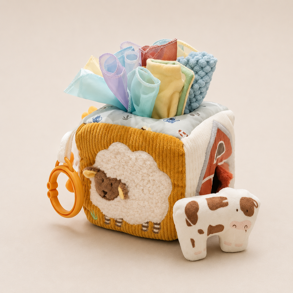 Sensorische Tücherbox für Babys mit bunten Knistertüchern darin