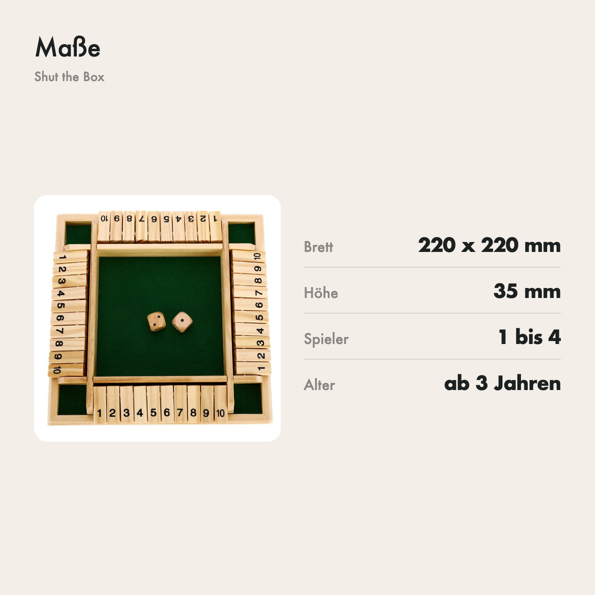 Maße des Spielbretts: 220 x 220 x 35 mm