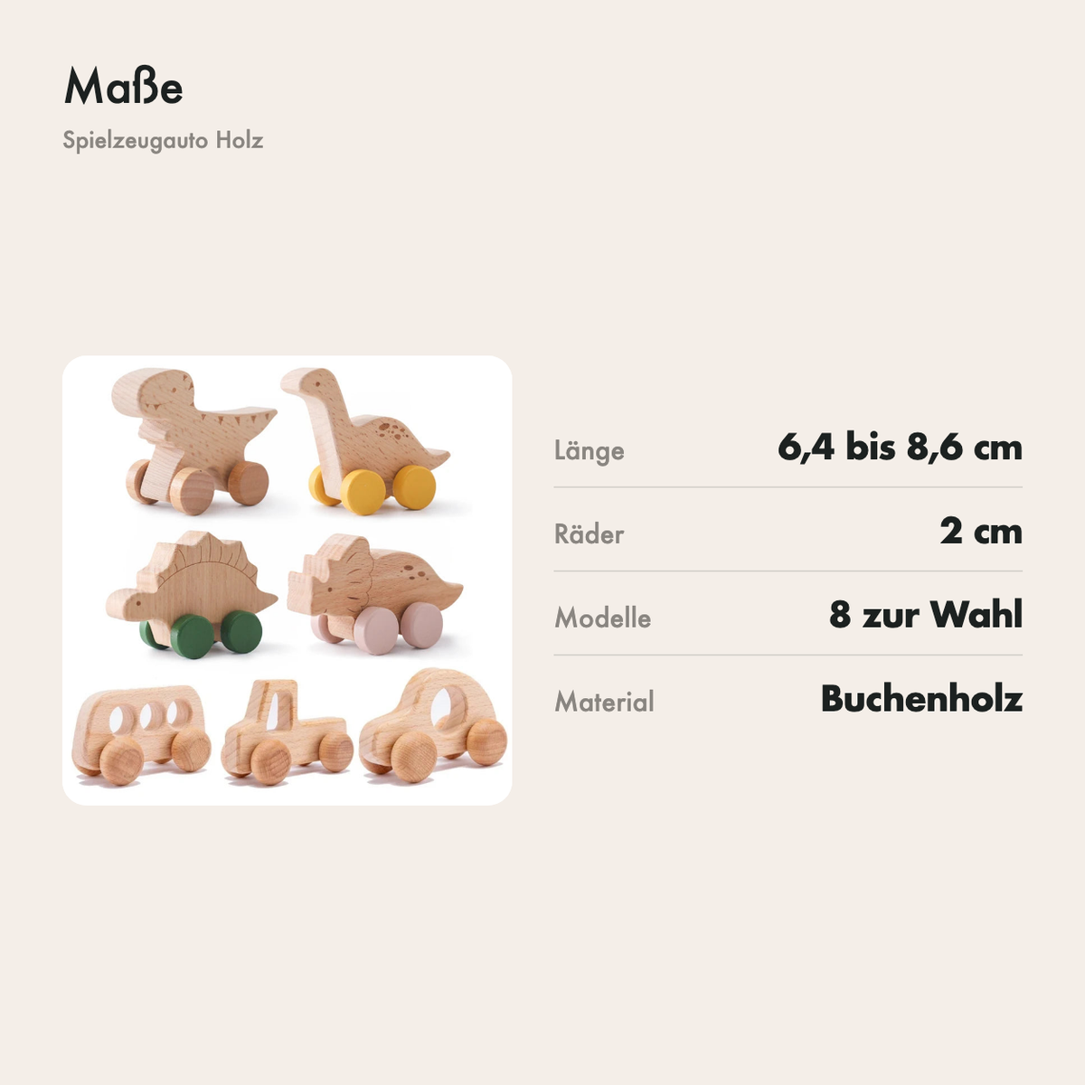 Maße der Holzautos: 6,4 bis 8,6 cm lang
