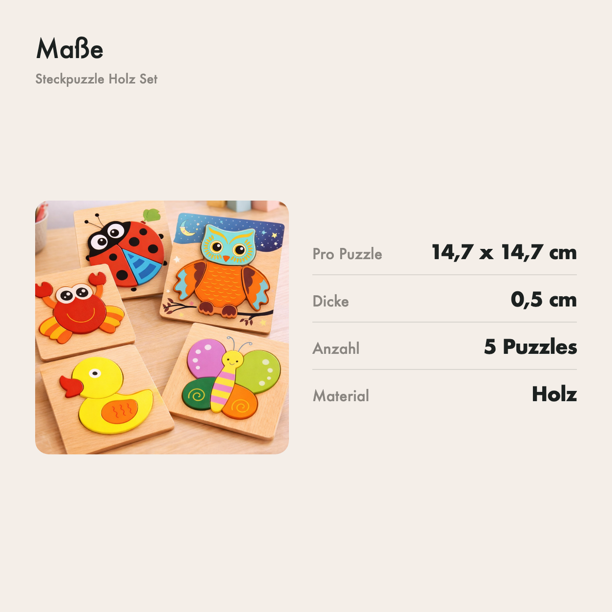 Maße der Holzpuzzles: 14,7 x 14,7 cm und 0,5 cm dick