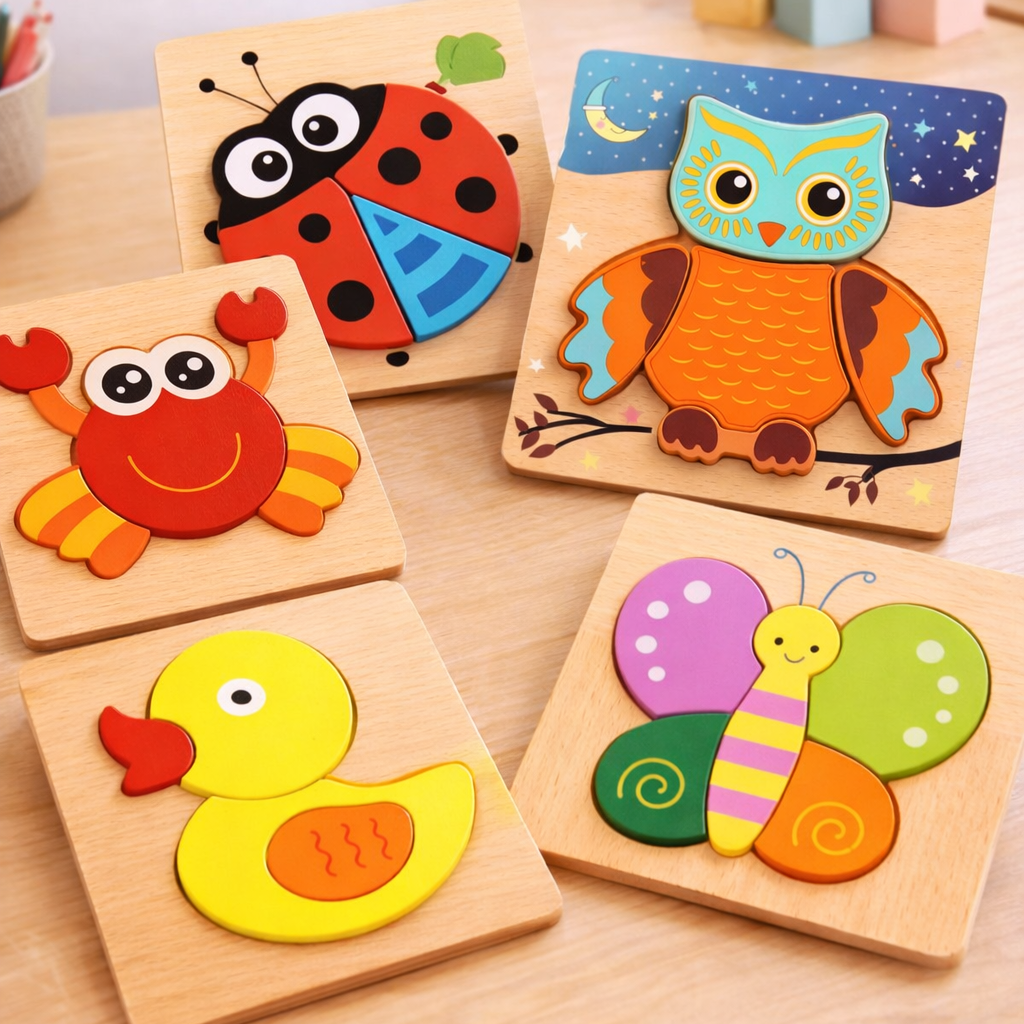Die fünf Tierpuzzles aus Holz nebeneinander