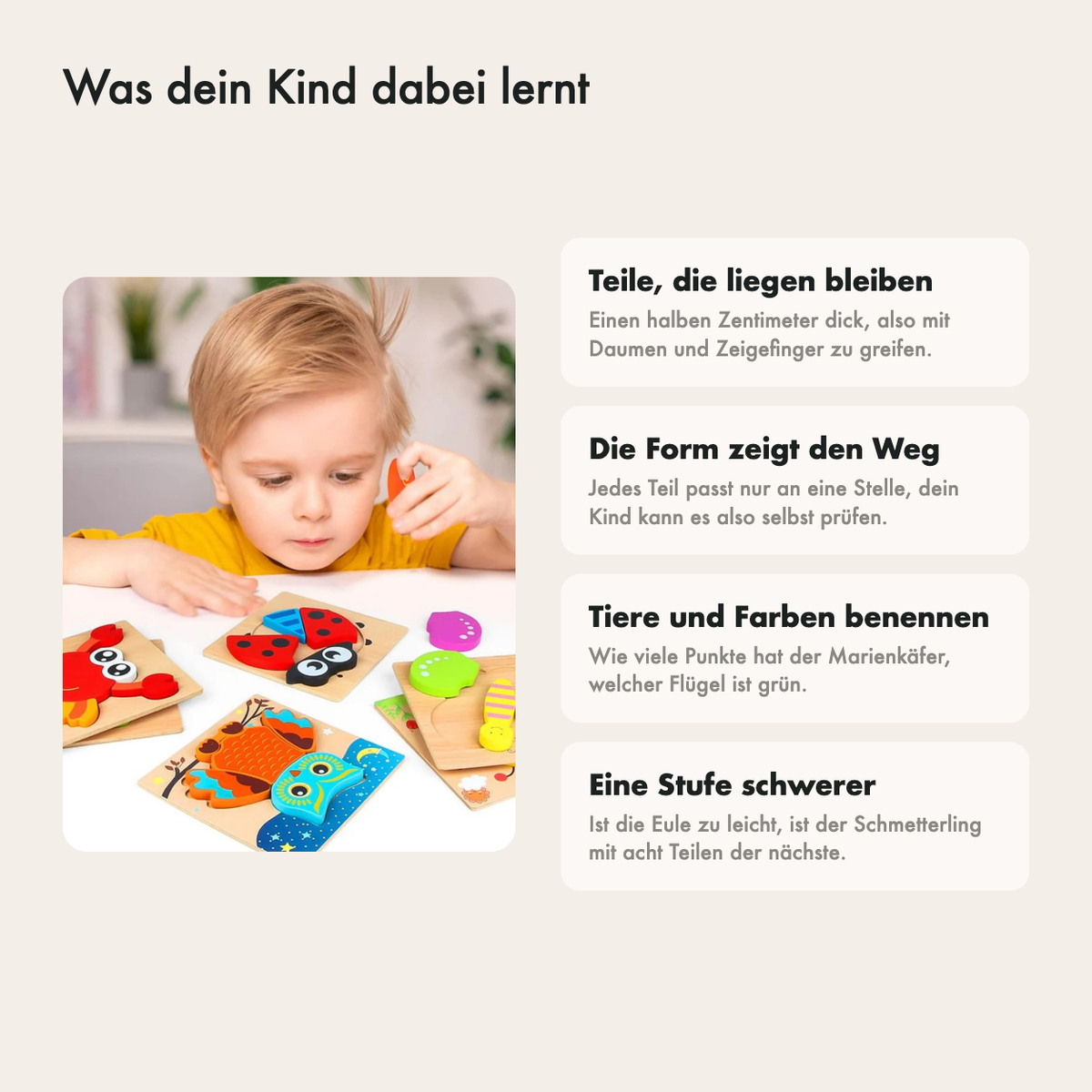Was dein Kind mit dem Puzzleset lernt: Formen erkennen, Tiere benennen, selbst kontrollieren und dranbleiben