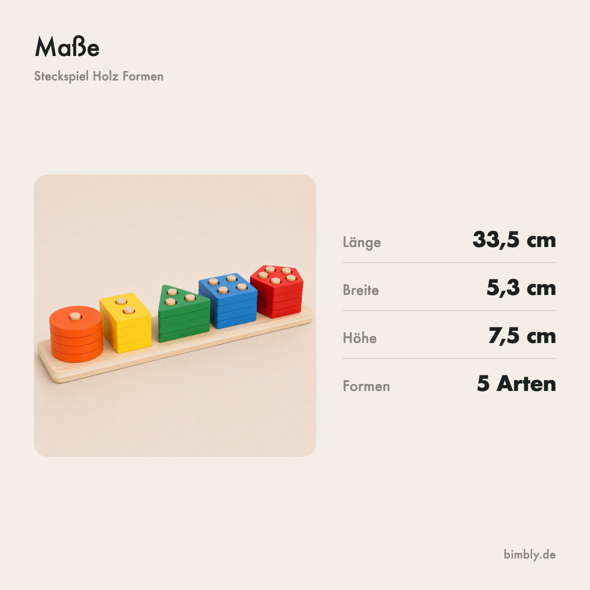 Maße des Steckspiels aus Holz: 33,5 cm lang, 5,3 cm breit und 7,5 cm hoch