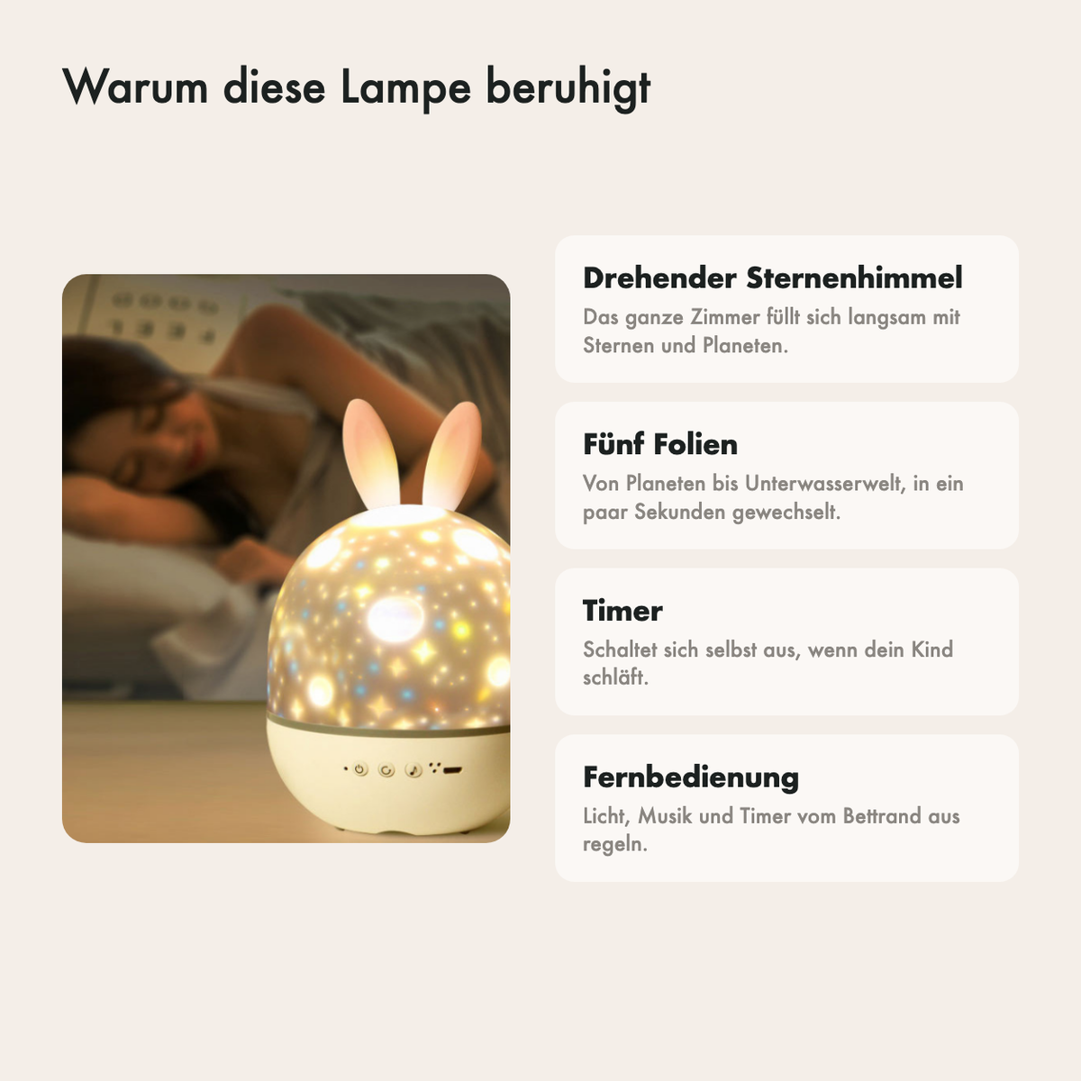 Warum diese Lampe Ruhe gibt: drehender Sternenhimmel, Timer, fünf Filme und Fernbedienung