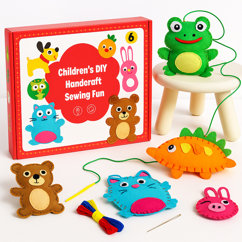 Die fertig genähten Filztiere: Bär, Hase, Hund, Frosch, Katze und Karotte