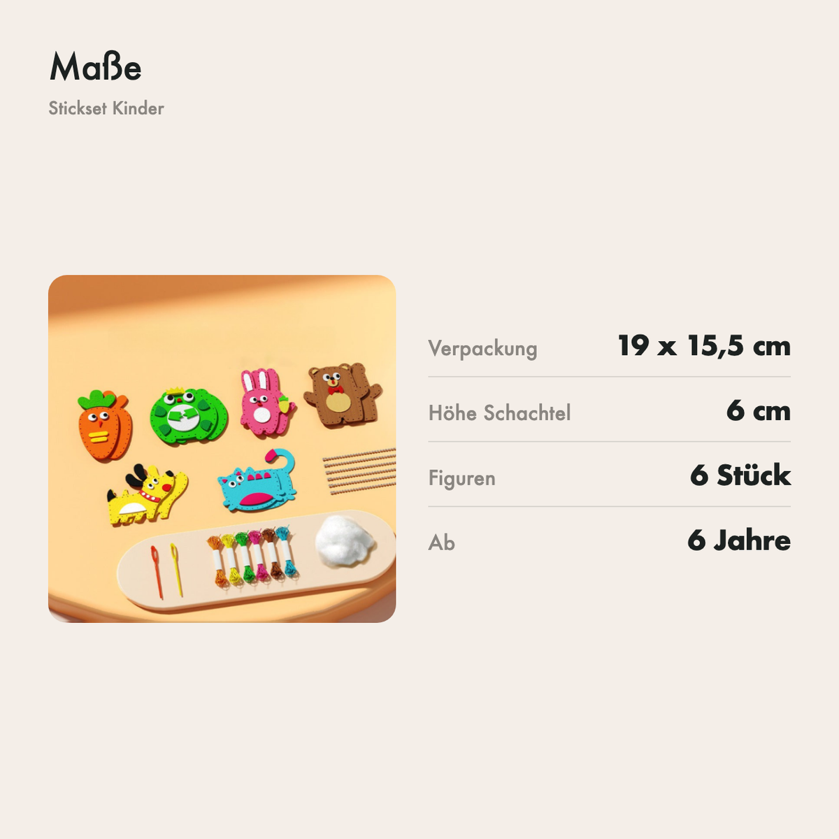 Was im Stickset enthalten ist: Filzteile, Nadeln, Garn, Füllung und Anleitung