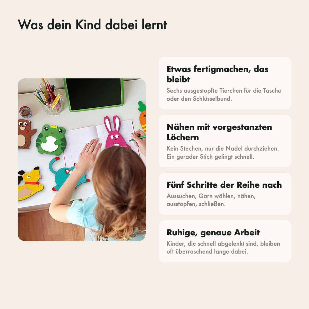 Fertiges Filztier hängt an einer Tasche
