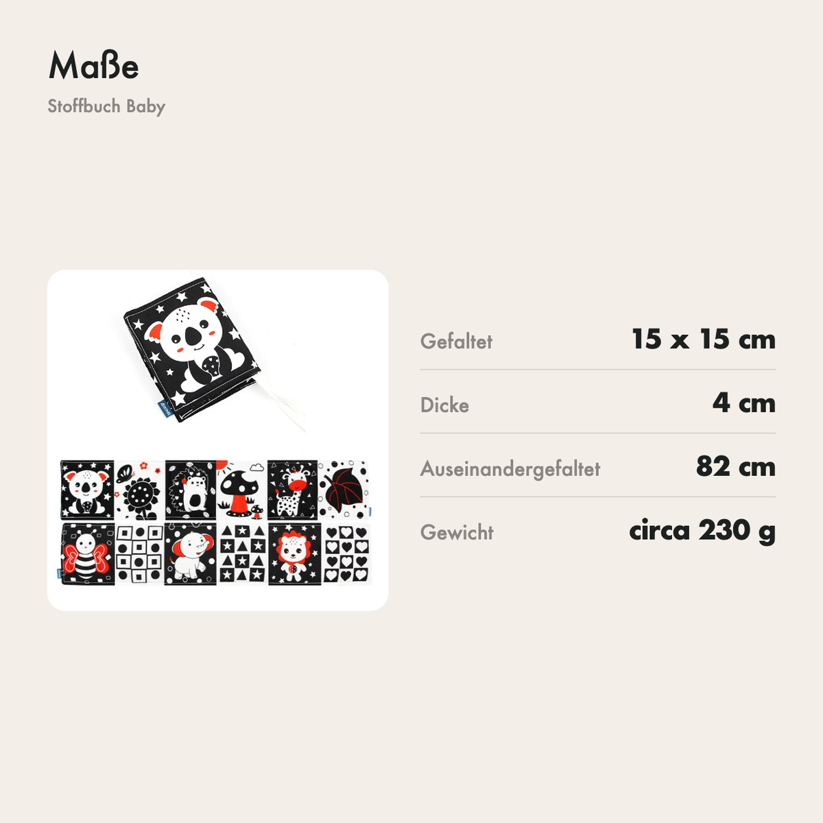 Maße des Stoffbuchs: 15 x 15 cm gefaltet und 82 cm ausgeklappt