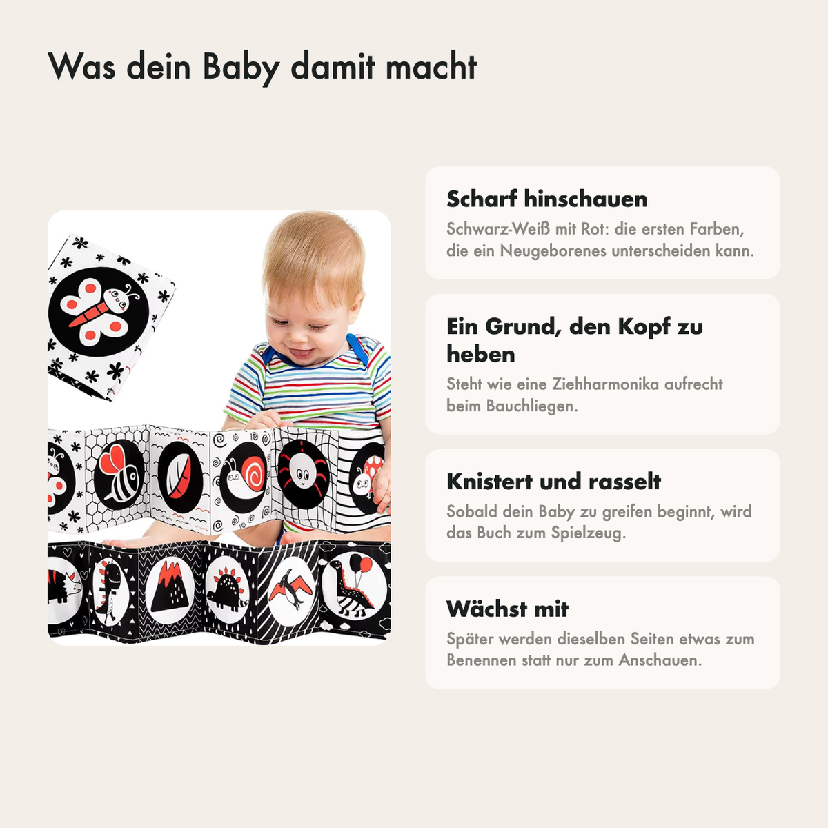 Was dein Baby damit macht: scharf schauen, Geräusche entdecken, Texturen fühlen und Formen erkennen