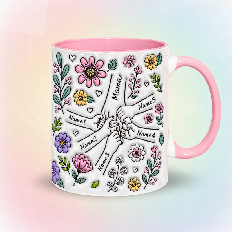 Tasse mit den Namen von fünf Kindern rundum