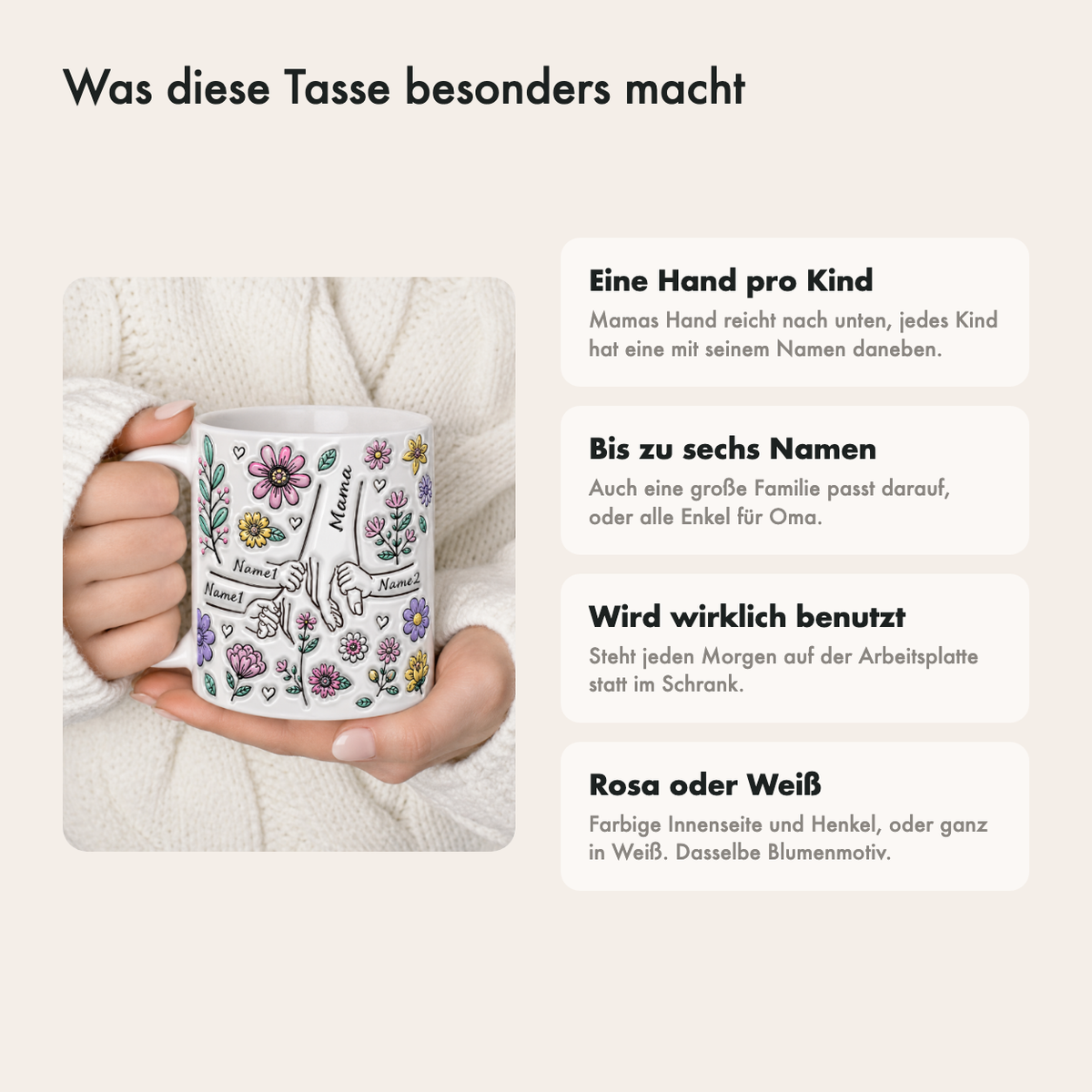 Was diese Tasse besonders macht: eine Hand pro Kind, bis zu sechs Namen, Blumenmuster und täglicher Gebrauch