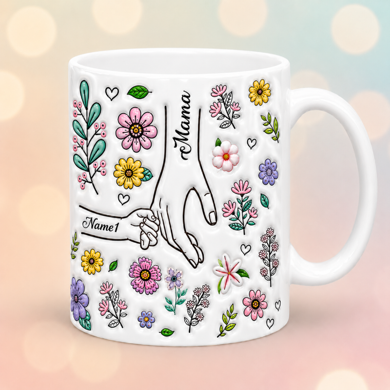 Tasse in Weiß mit Blumen und Namen