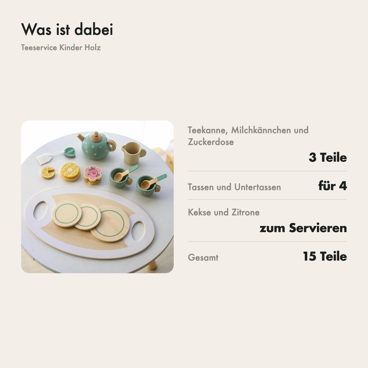 Was im Teeservice-Set enthalten ist: Teekanne, Tassen, Löffelchen, Kekse und Tablett