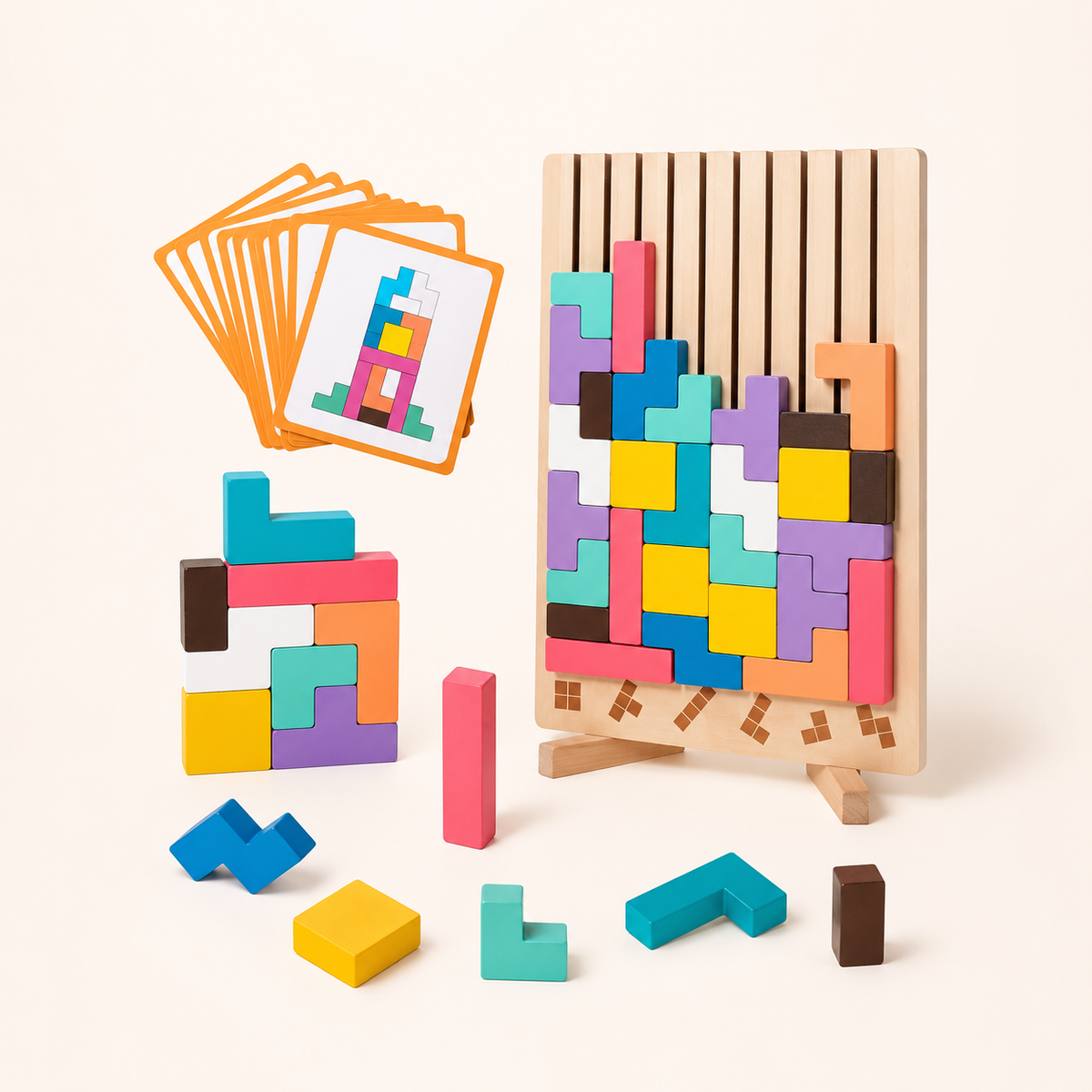 Tetris Holzpuzzle mit senkrechtem Brett, bunten Klötzen und Aufgabenkarten