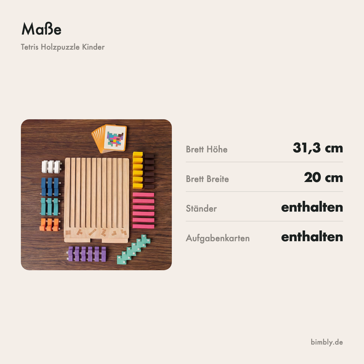 Maße des Tetris Holzpuzzles: Brett von 31,3 x 20 cm