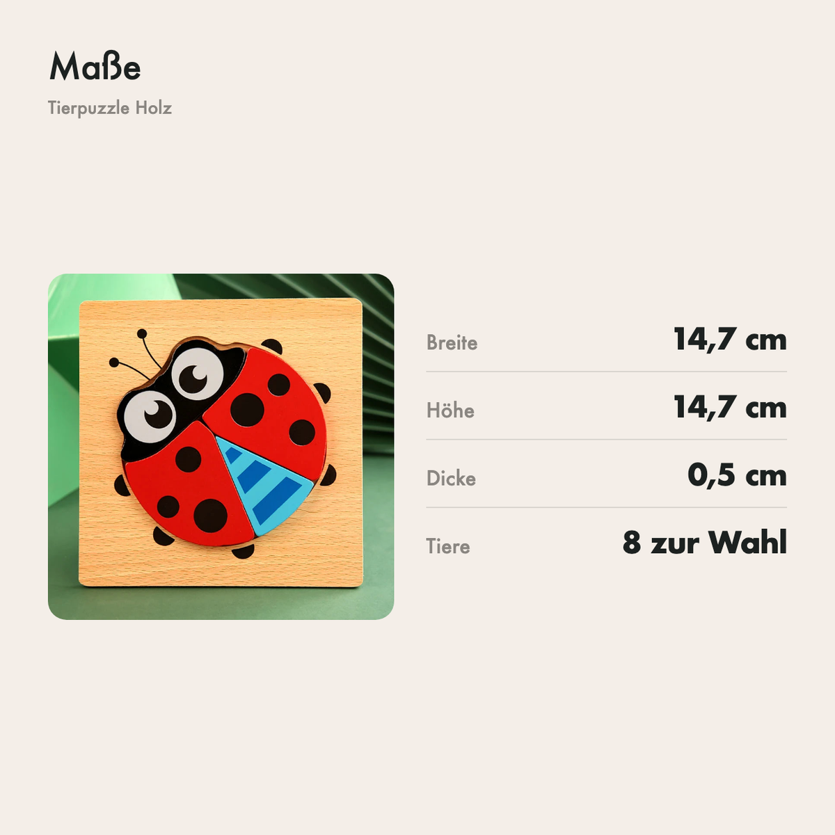 Maße des Tierpuzzles aus Holz: 14,7 x 14,7 cm und 0,5 cm dick