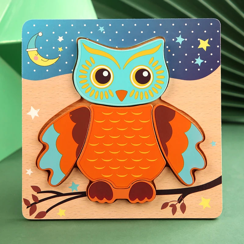 Tierpuzzle aus Holz mit der Nachteule unter dem Sternenhimmel