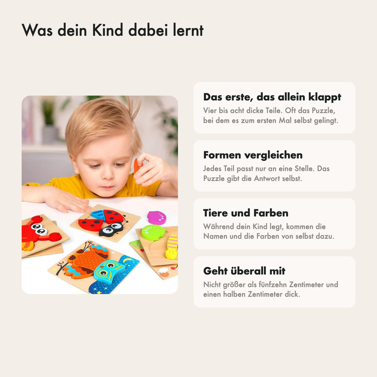 Was dein Kind mit dem Tierpuzzle lernt: Formen erkennen, selbst kontrollieren, benennen und dranbleiben