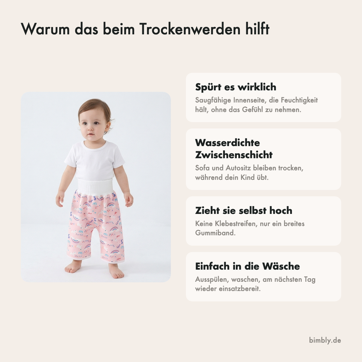 Warum diese Trainingshose praktisch ist: drei Schichten, hoher Bund, selbst an- und ausziehen und waschbar