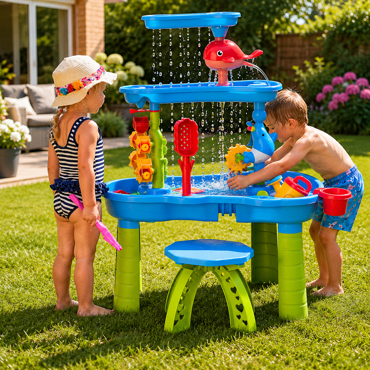 Zwei Kinder spielen im Garten mit dem Sand- und Wasserspieltisch