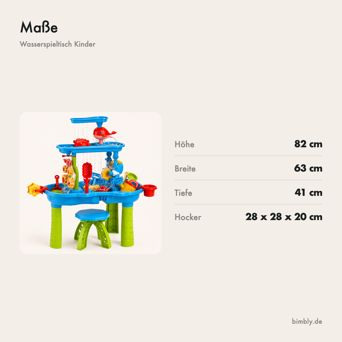 Maße des Sand- und Wasserspieltischs: 82 cm hoch, 63 cm breit und 41 cm tief