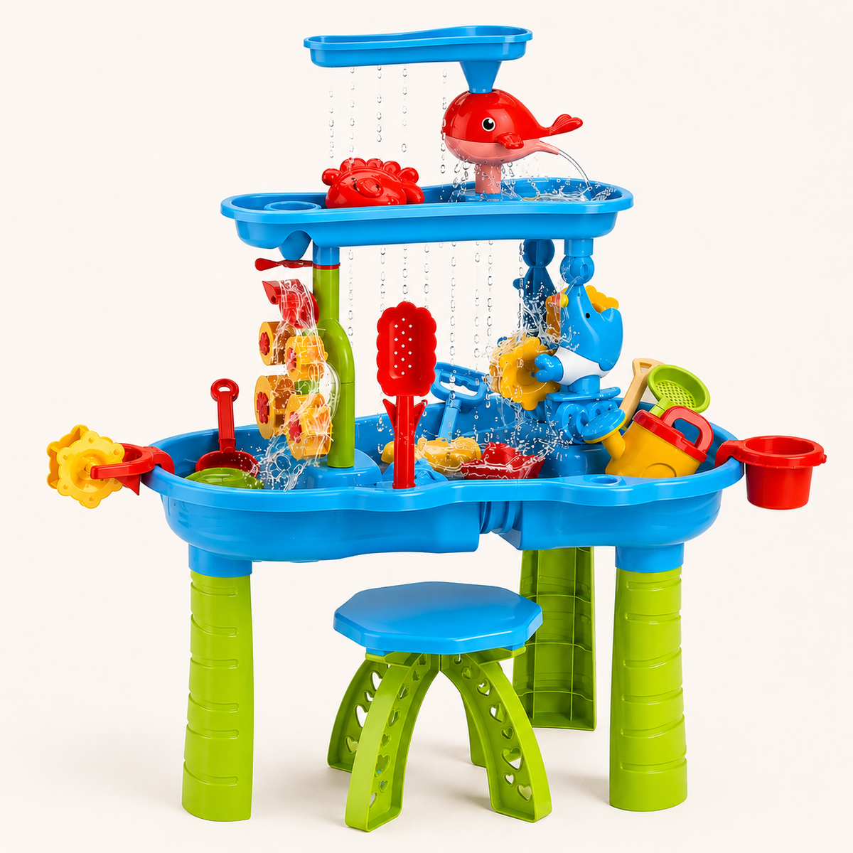 Sand- und Wasserspieltisch mit drei Ebenen, Hocker und allem Zubehör