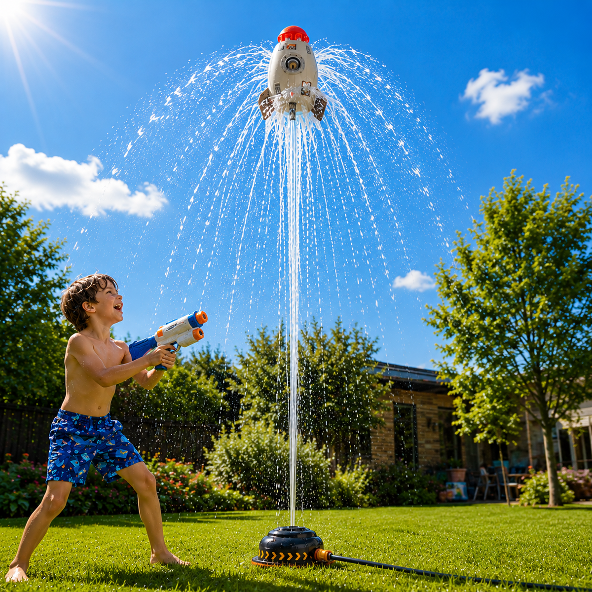 Der Wassersprinkler sprüht rundum im Garten, während ein Kind darauf zuläuft