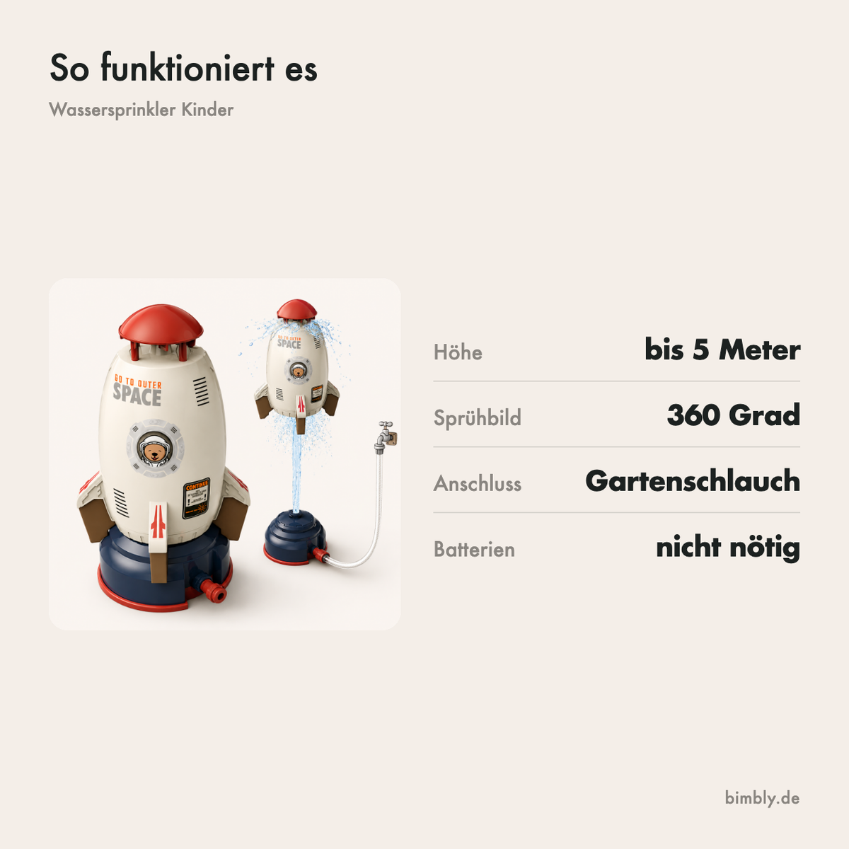 Der Wassersprinkler schießt bis circa fünf Meter hoch und sprüht 360 Grad rundum