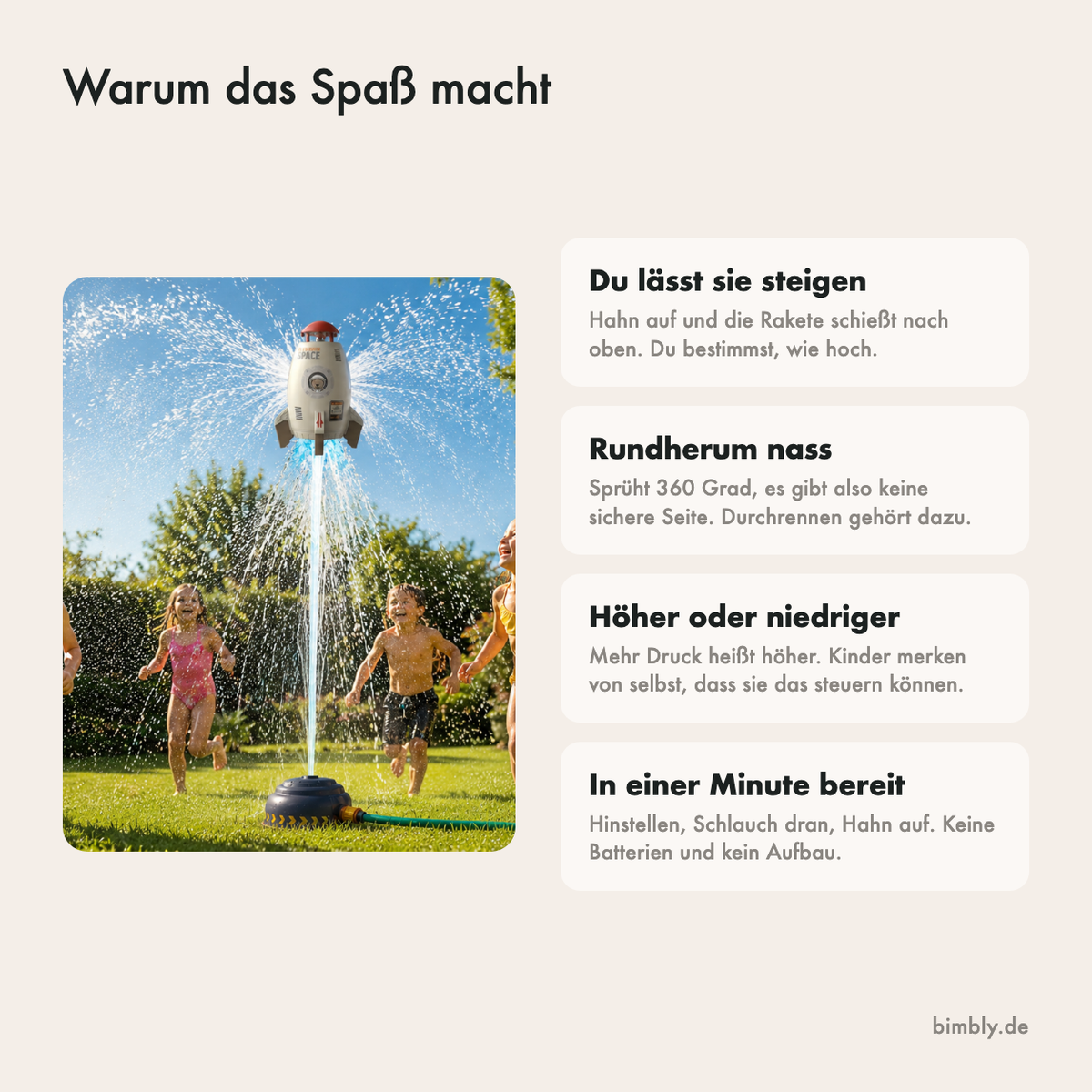Warum dieser Wassersprinkler Spaß macht: schießt hoch, sprüht rundum, keine Batterien und in einer Minute bereit