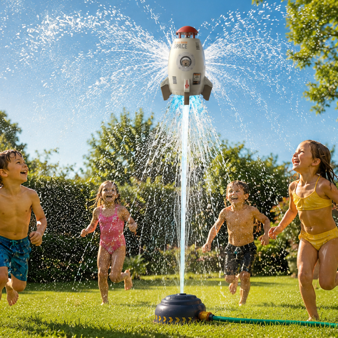 Kinder rennen durch die Wasserstrahlen des Wassersprinklers im Garten
