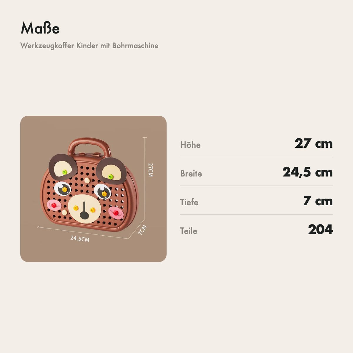 Maße des Werkzeugkoffers: 27 x 24,5 x 7 cm mit 204 Teilen