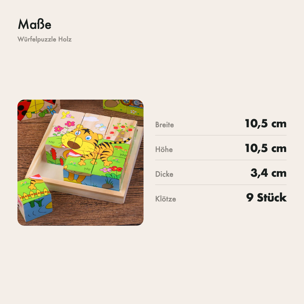 Maße des Würfelpuzzles aus Holz: 10,5 x 10,5 x 3,4 cm