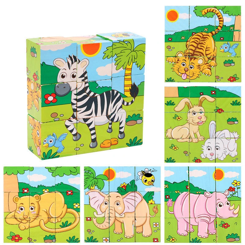 Würfelpuzzle aus Holz mit dem Motiv Dschungeltiere