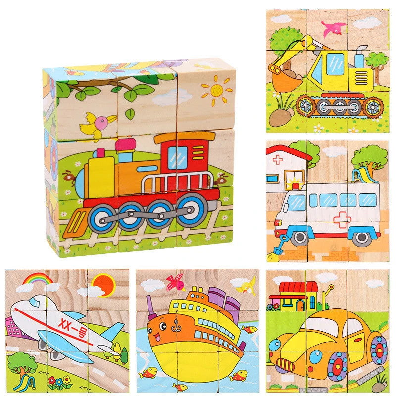 Würfelpuzzle aus Holz mit dem Motiv Fahrzeuge