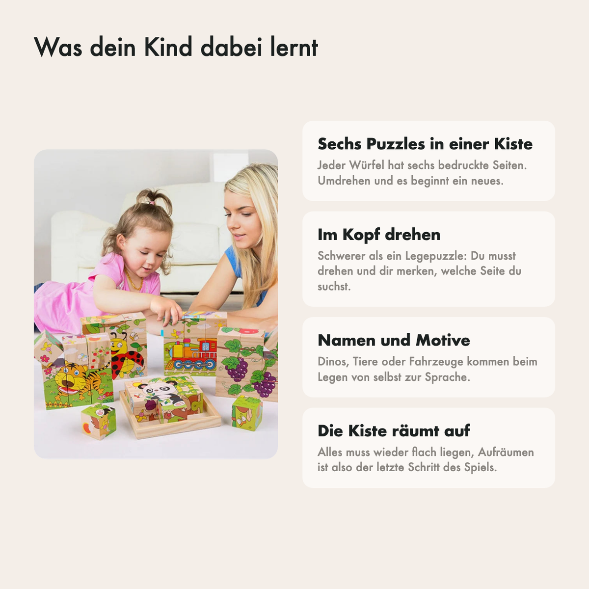Was dein Kind mit dem Würfelpuzzle lernt: im Kopf drehen, sechs Puzzles in einem, selbst kontrollieren und aufräumen